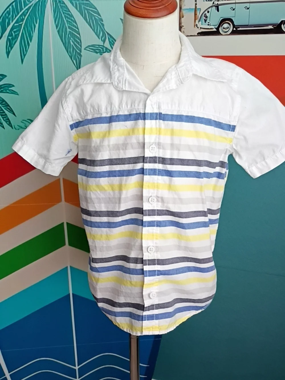 Gymboree White Short-Sleeve Button Shirt with Blue, Yellow & Gray Stripes